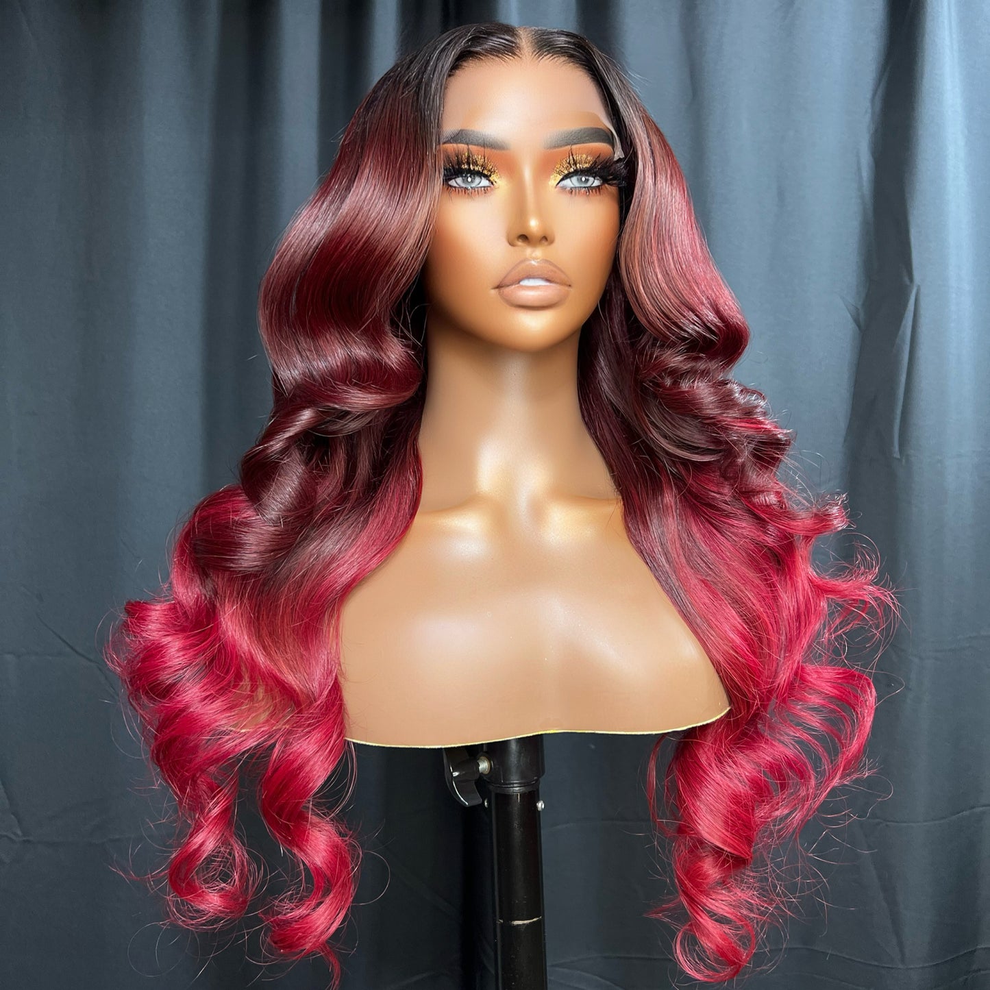 “RISSA” 5x5 LACE CLOSURE, 26-INCH BURGUNDY OMBRÉ RED WIG, BEAUTIFUL BODY WAVE HUMAN HAIR, GLUE-LESS READY TO WEAR WIG