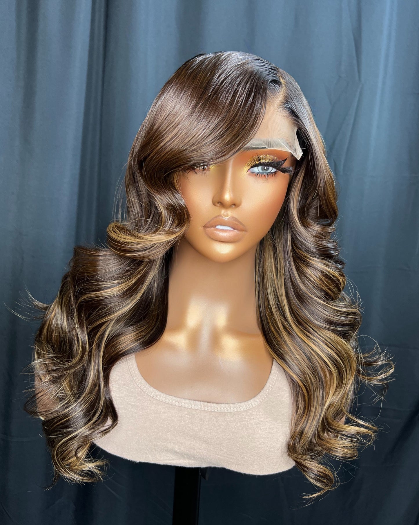 "DIME" 5x5 TRANSPARENT LACE CLOSURE, 16-INCHES, BODY WAVE, HIGHLIGHT WIG, GLUE-LESS READY-TO-WEAR WIG