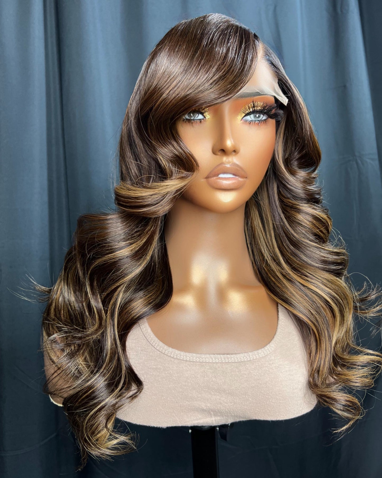 "DIME" 5x5 TRANSPARENT LACE CLOSURE, 16-INCHES, BODY WAVE, HIGHLIGHT WIG, GLUE-LESS READY-TO-WEAR WIG