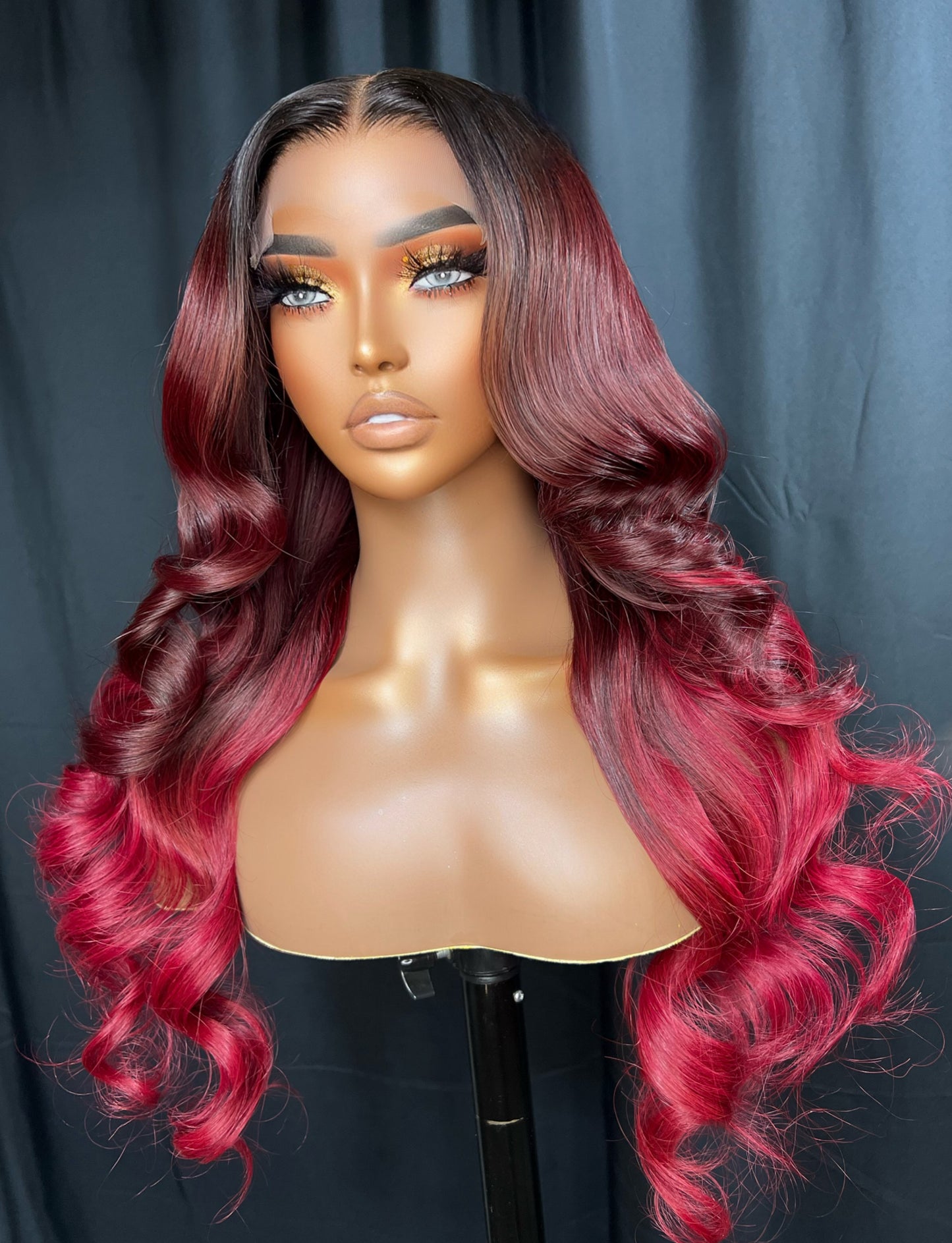 “RISSA” 5x5 LACE CLOSURE, 26-INCH BURGUNDY OMBRÉ RED WIG, BEAUTIFUL BODY WAVE HUMAN HAIR, GLUE-LESS READY TO WEAR WIG