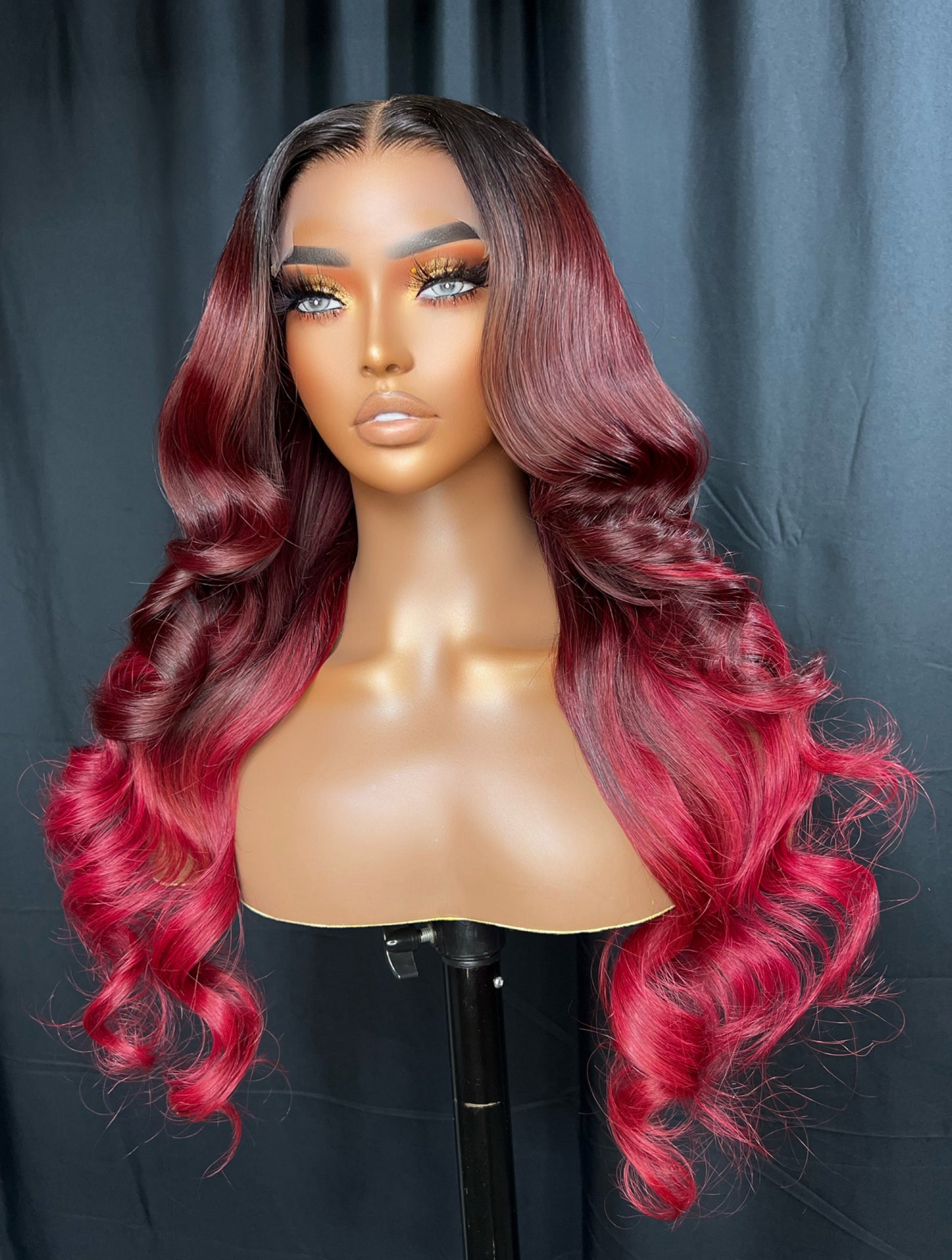 “RISSA” 5x5 LACE CLOSURE, 26-INCH BURGUNDY OMBRÉ RED WIG, BEAUTIFUL BODY WAVE HUMAN HAIR, GLUE-LESS READY TO WEAR WIG