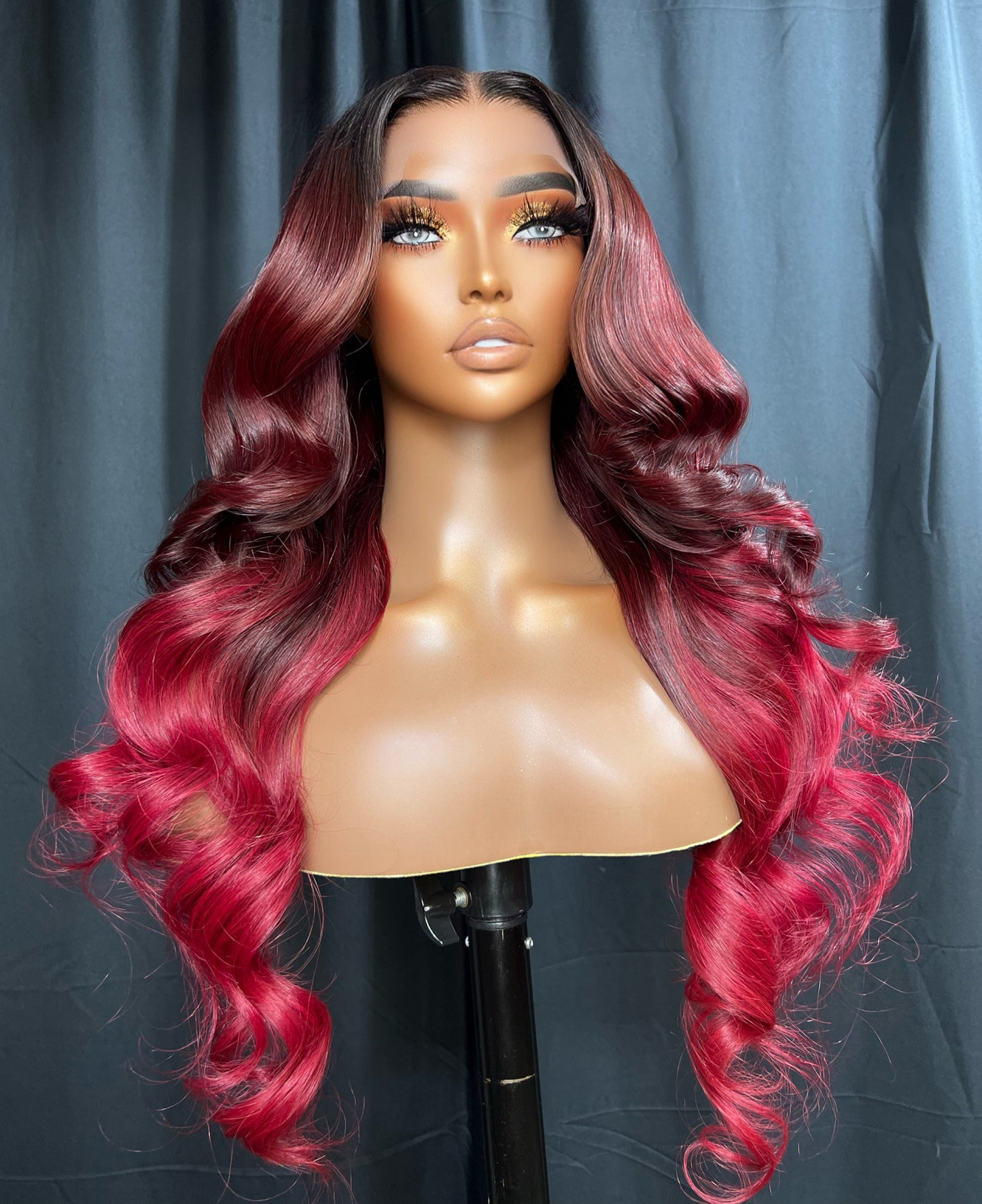 “RISSA” 5x5 LACE CLOSURE, 26-INCH BURGUNDY OMBRÉ RED WIG, BEAUTIFUL BODY WAVE HUMAN HAIR, GLUE-LESS READY TO WEAR WIG
