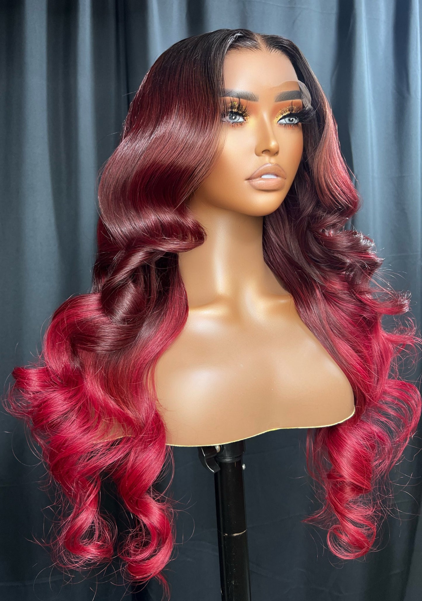 “RISSA” 5x5 LACE CLOSURE, 26-INCH BURGUNDY OMBRÉ RED WIG, BEAUTIFUL BODY WAVE HUMAN HAIR, GLUE-LESS READY TO WEAR WIG