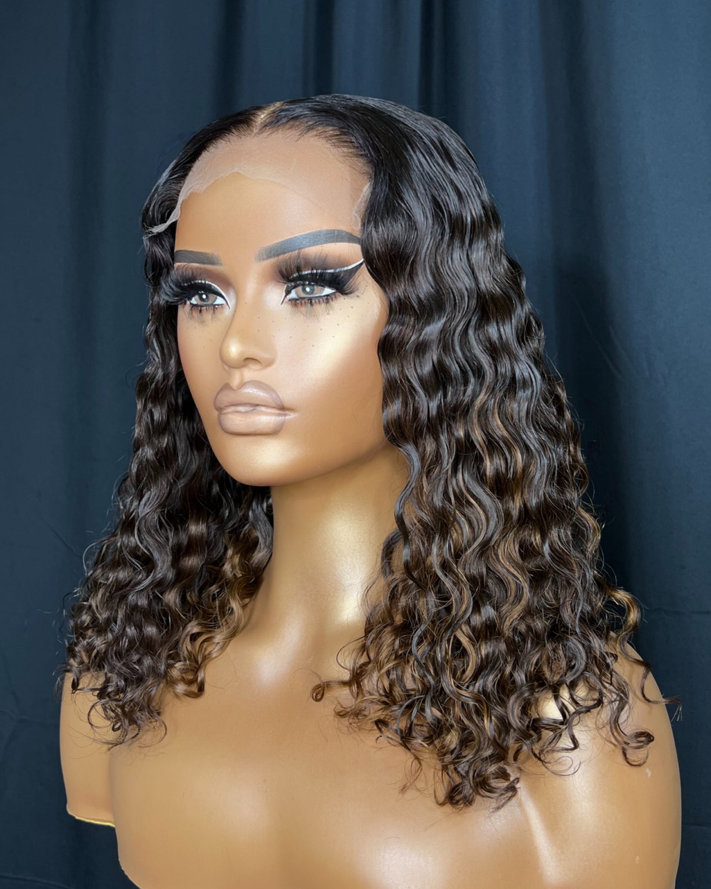 "NINA" READY TO SHIP WIG, 14-INCH, DEEP WAVE HAIR, BALAYAGE HIGHLIGHT, CUSTOMIZED READY TO WEAR TRANSPARENT LACE WIG