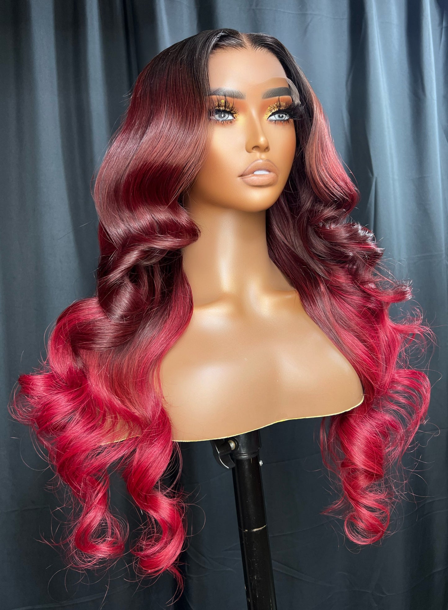 “RISSA” 5x5 LACE CLOSURE, 26-INCH BURGUNDY OMBRÉ RED WIG, BEAUTIFUL BODY WAVE HUMAN HAIR, GLUE-LESS READY TO WEAR WIG