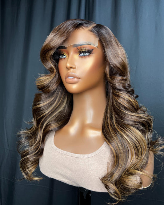 "DIME" 5x5 TRANSPARENT LACE CLOSURE, 16-INCHES, BODY WAVE, HIGHLIGHT WIG, GLUE-LESS READY-TO-WEAR WIG