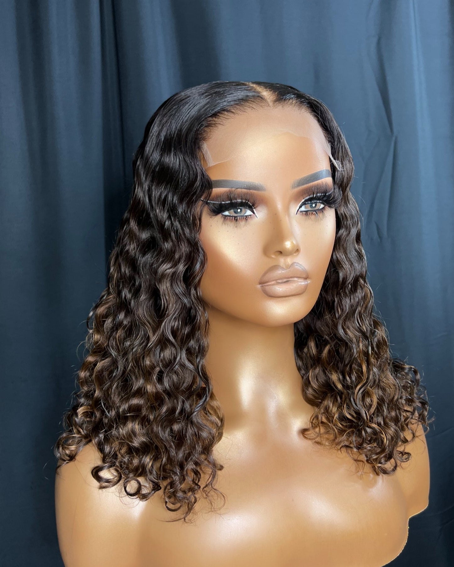 "NINA" READY TO SHIP WIG, 14-INCH, DEEP WAVE HAIR, BALAYAGE HIGHLIGHT, CUSTOMIZED READY TO WEAR TRANSPARENT LACE WIG