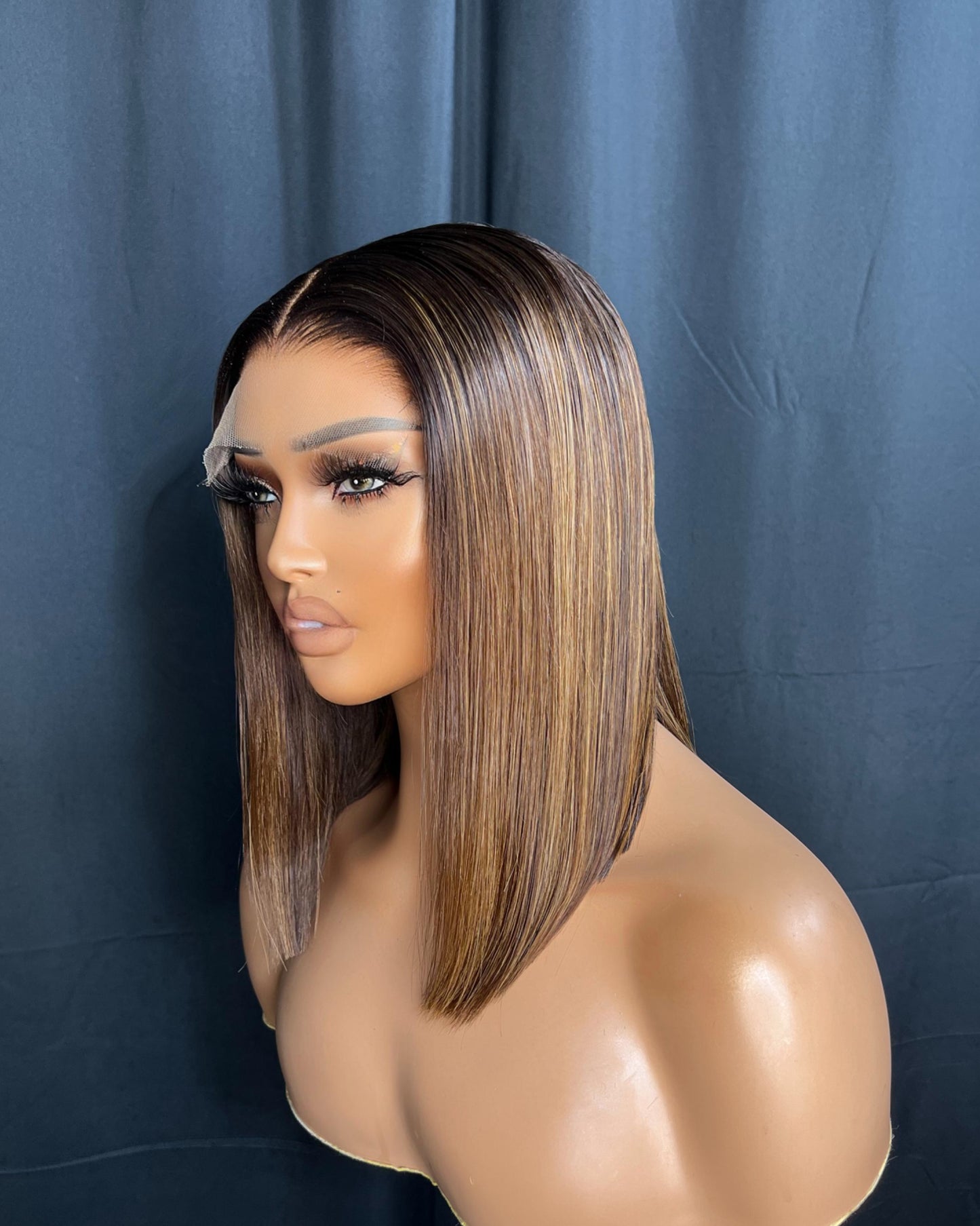 “CHELLE” 5x5 HD LACE, 14 INCH, CUSTOM HIGHLIGHTS BOB, GLUE-LESS WIG