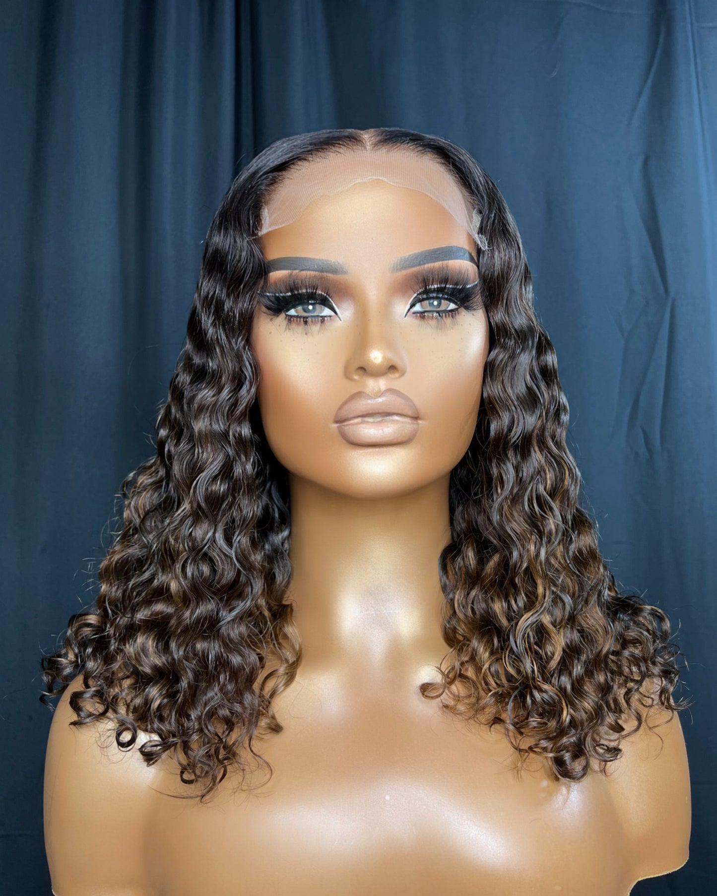 "NINA" READY TO SHIP WIG, 14-INCH, DEEP WAVE HAIR, BALAYAGE HIGHLIGHT, CUSTOMIZED READY TO WEAR TRANSPARENT LACE WIG