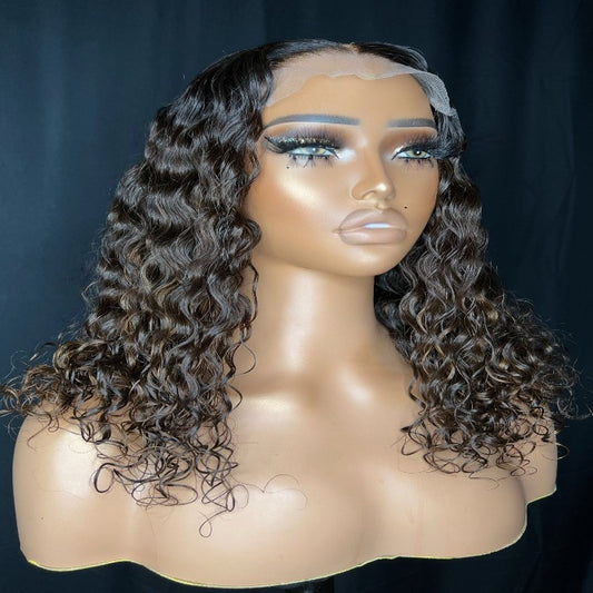 "NINA" READY TO SHIP WIG, 14-INCH, DEEP WAVE HAIR, BALAYAGE HIGHLIGHT, CUSTOMIZED READY TO WEAR TRANSPARENT LACE WIG