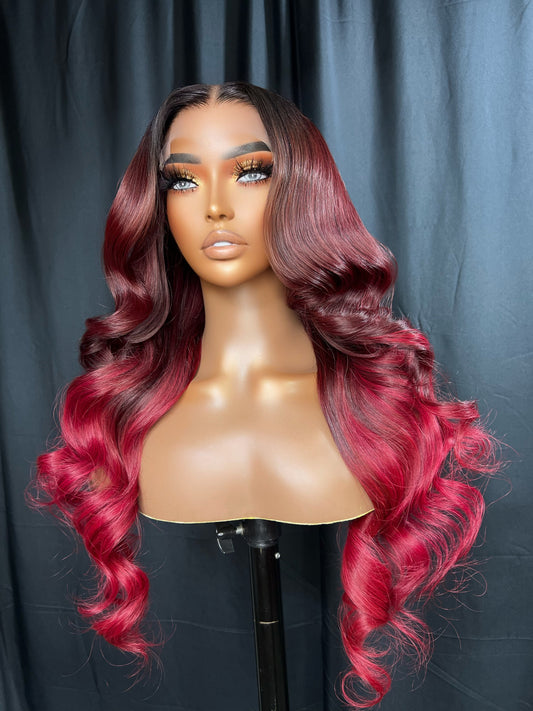 “RISSA” 5x5 LACE CLOSURE, 26-INCH BURGUNDY OMBRÉ RED WIG, BEAUTIFUL BODY WAVE HUMAN HAIR, GLUE-LESS READY TO WEAR WIG