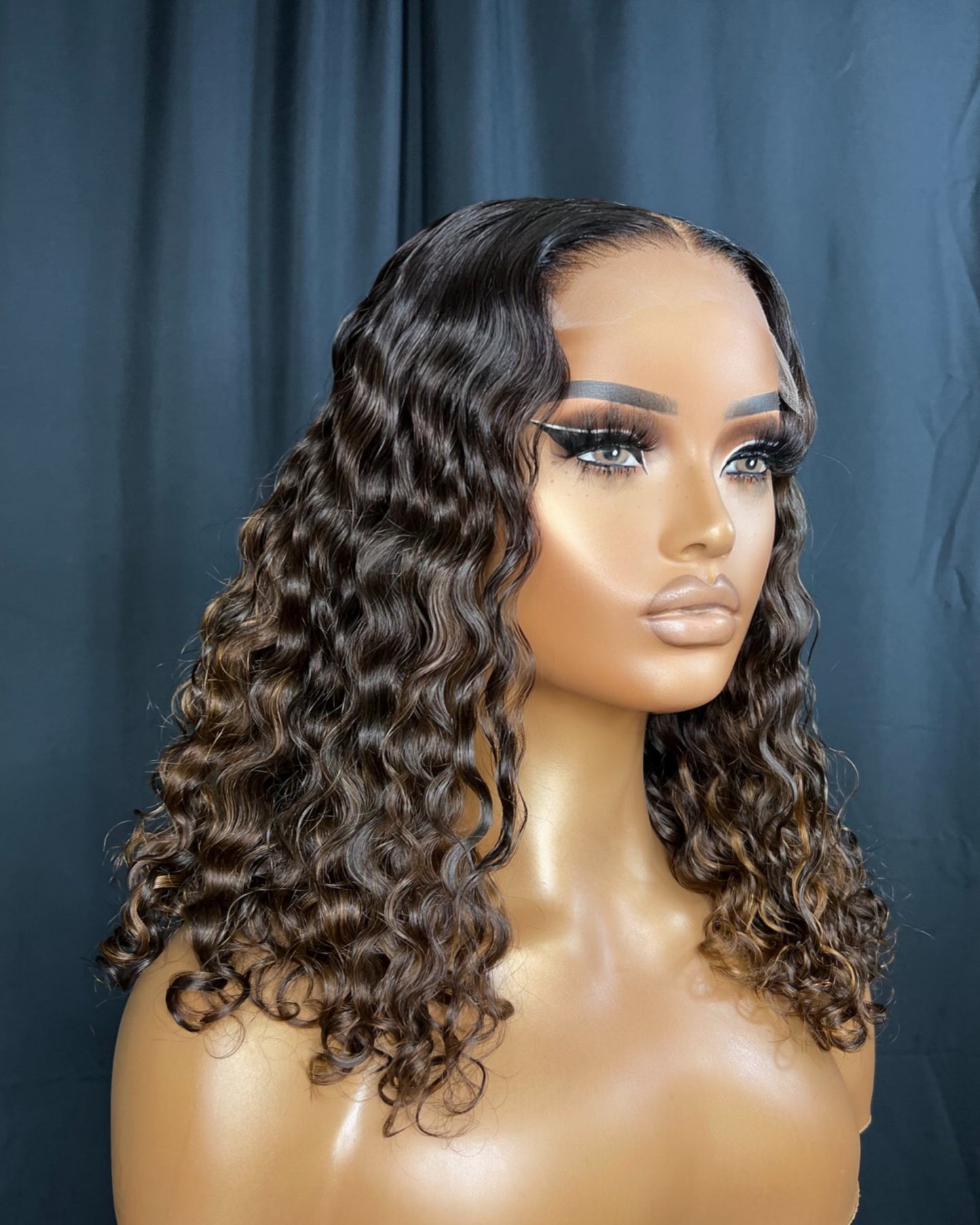 "NINA" READY TO SHIP WIG, 14-INCH, DEEP WAVE HAIR, BALAYAGE HIGHLIGHT, CUSTOMIZED READY TO WEAR TRANSPARENT LACE WIG