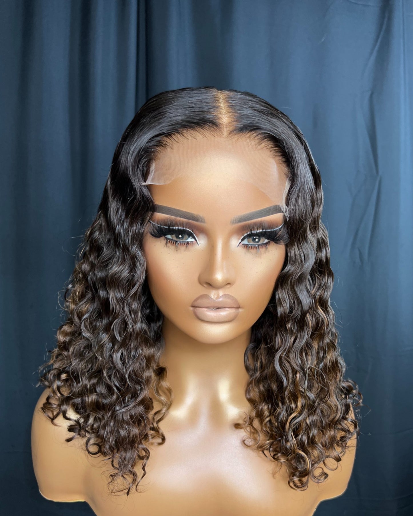 "NINA" READY TO SHIP WIG, 14-INCH, DEEP WAVE HAIR, BALAYAGE HIGHLIGHT, CUSTOMIZED READY TO WEAR TRANSPARENT LACE WIG